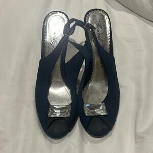 Beverly Feldman 8 navy blue platform sling back taffeta large clear gem shoe euc